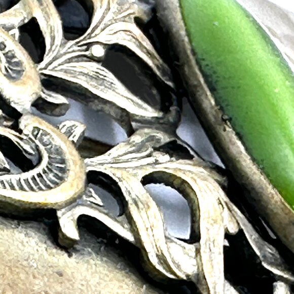 XL Art Nouveau Brass Brooch with Green Foil-Back Glass Stone — EUC - Picture 7 of 9